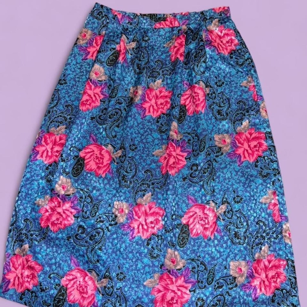 Vintage Teal Blue Pink Floral Paisley Maxi Skirt High Waisted A-Line Boho M